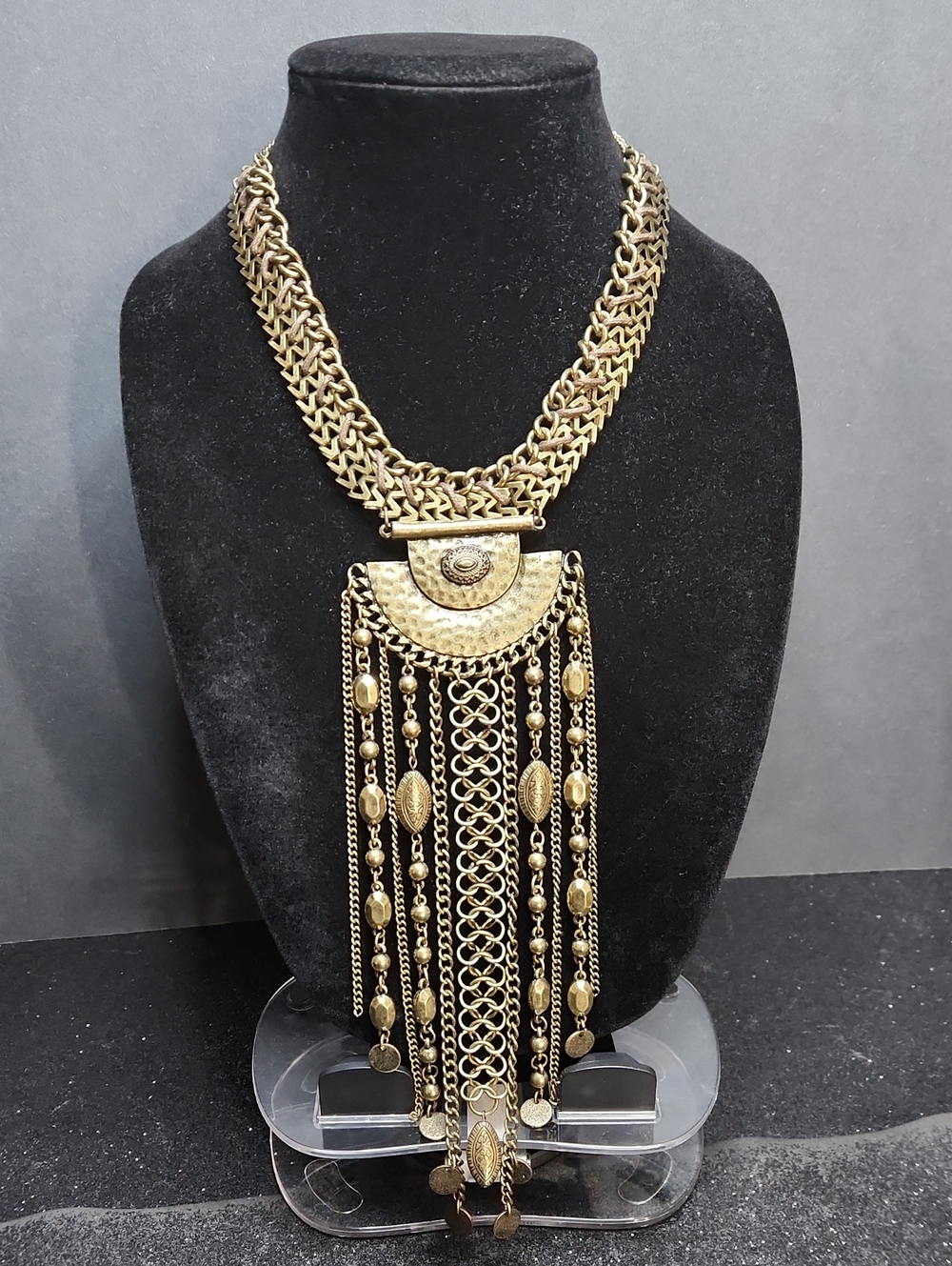 Gold-tone Fringe Statement Necklace with Medallion Accent